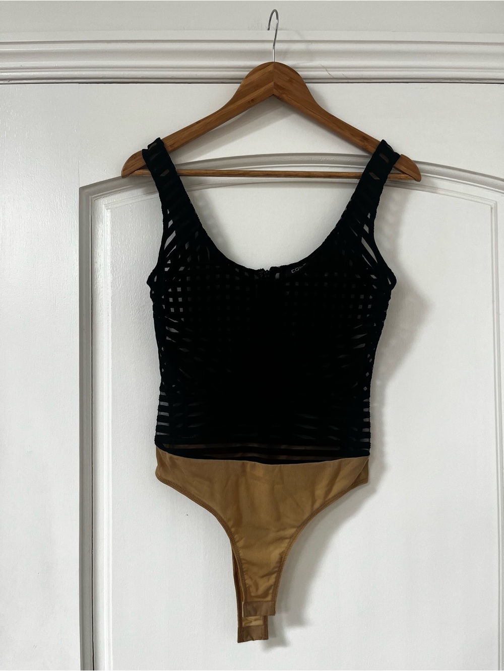Black Mesh Bodysuit with Stripes & Tan Thong
